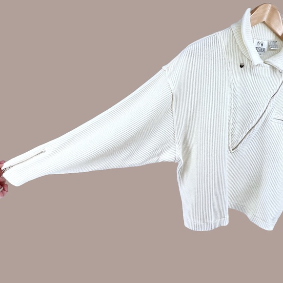 Vintage Together Ribbed Sweater Large Knit White Asymmetrical Zip Collared Moto - Picture 3 of 16